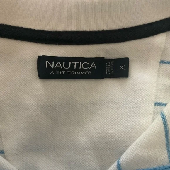 Men’s used white blue striped a bit trimmer Nautica size XL polo shirt - Picture 2 of 5